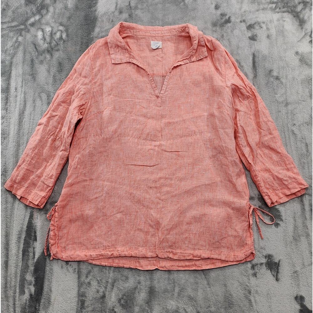 Singrid Olsen Top Womens L Pink Coral Linen Long Sleeve Collared Tunic Side Tie